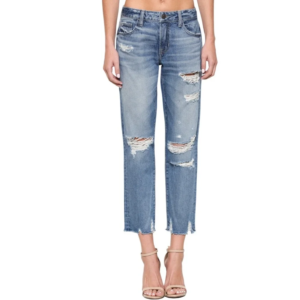 HIDDEN Bailey Slim‎ Fit Boyfriend Medium Wash Distressed Raw Hem Jeans 28 | EUC